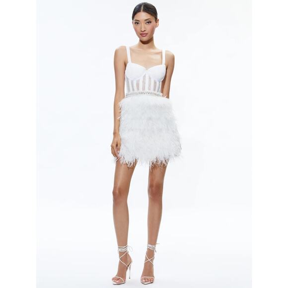 ALICE + OLIVIA XIA SHEER BUSTIER CRYSTAL FEATHERED STRAPLESS MINI DRESS SIZE 12 - Picture 4 of 11